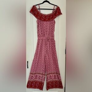 Goodnight Macaroon Red and Pink Off-Shoulder Jumpsuit